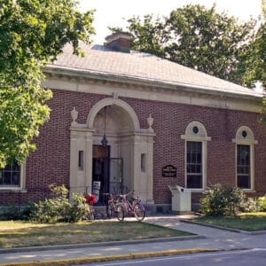 Exterior of brick library building.